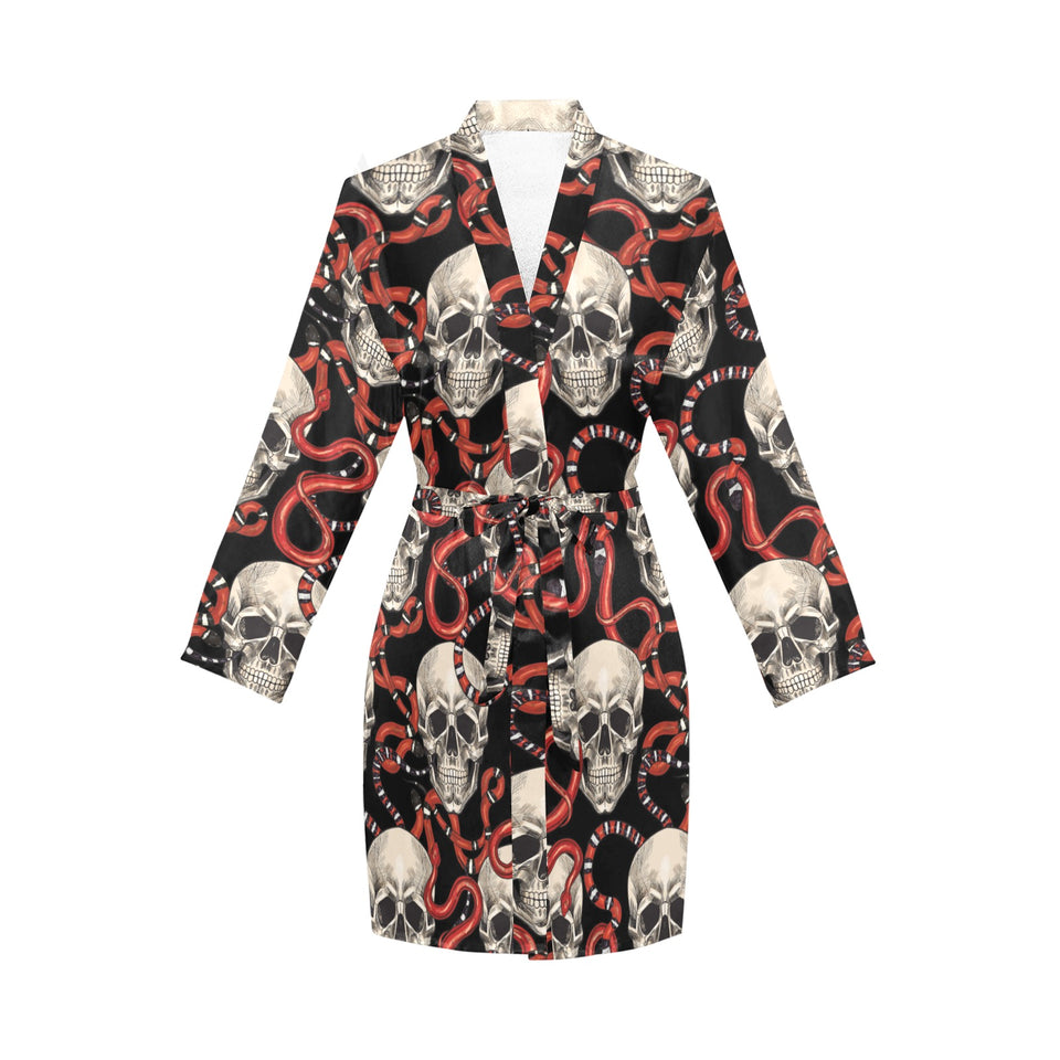 Red snake skull pattern Women's Long Sleeve Belted Night Robe