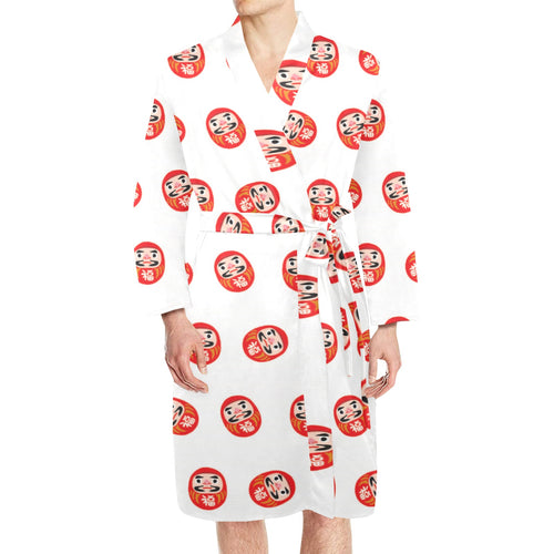 Daruma japanese wooden doll pattern Men's Long Sleeve Belted Night Robe
