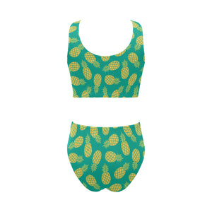 Pineapples pattern green background Chest Bowknot High Waisted Bikini Swimsuit