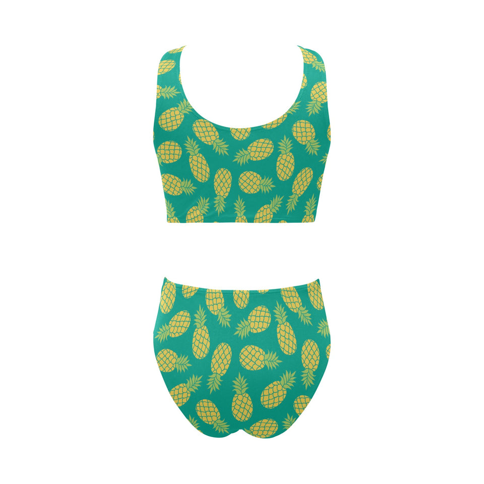 Pineapples pattern green background Chest Bowknot High Waisted Bikini Swimsuit
