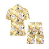 Cool Bee honeycomb leaves pattern Men's V-Neck Short Pajama Set