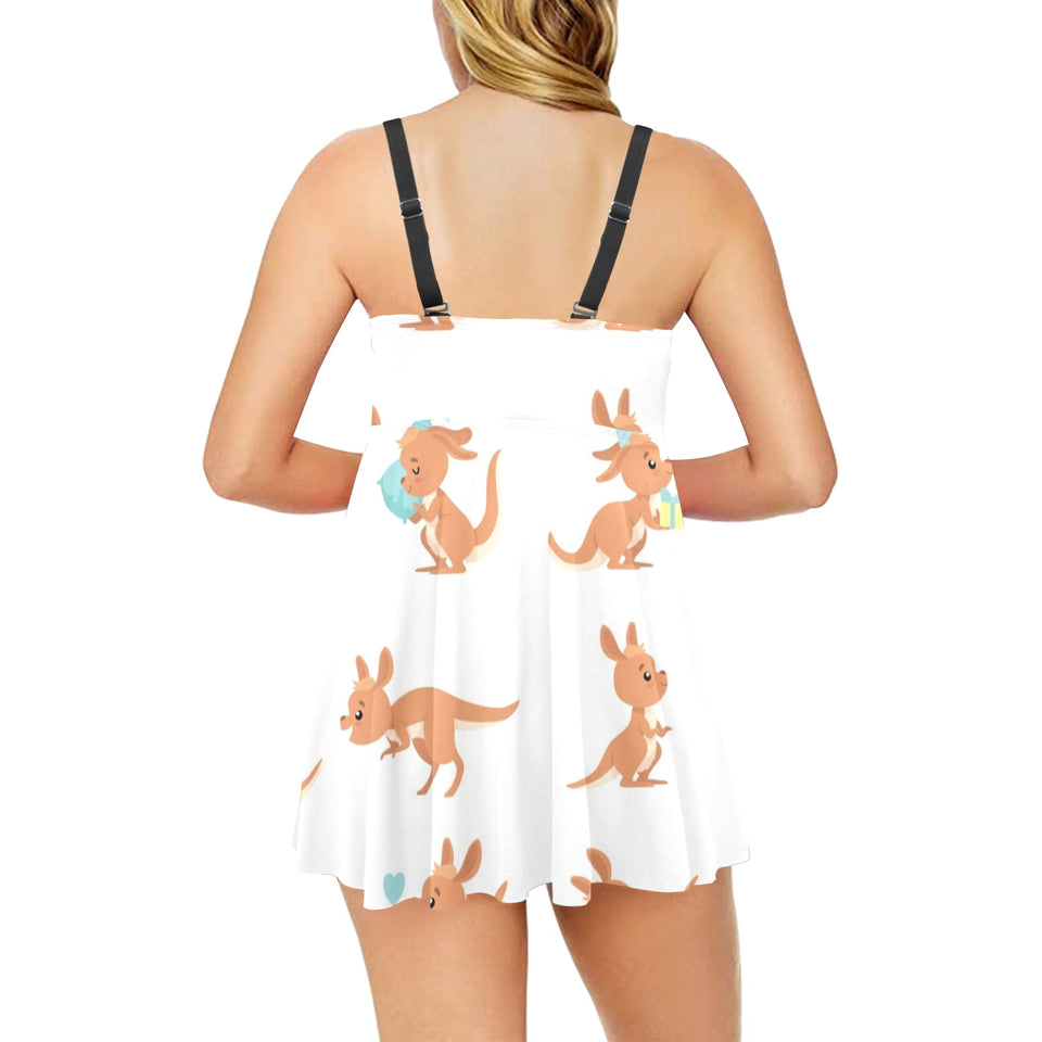 Cute Kangaroo pattern Chest Sexy Pleated Two Piece Swim Dress