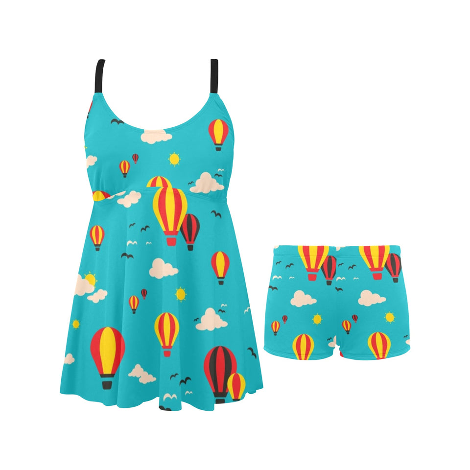 Hot Air Balloon Sky Pattern Chest Sexy Pleated Two Piece Swim Dress