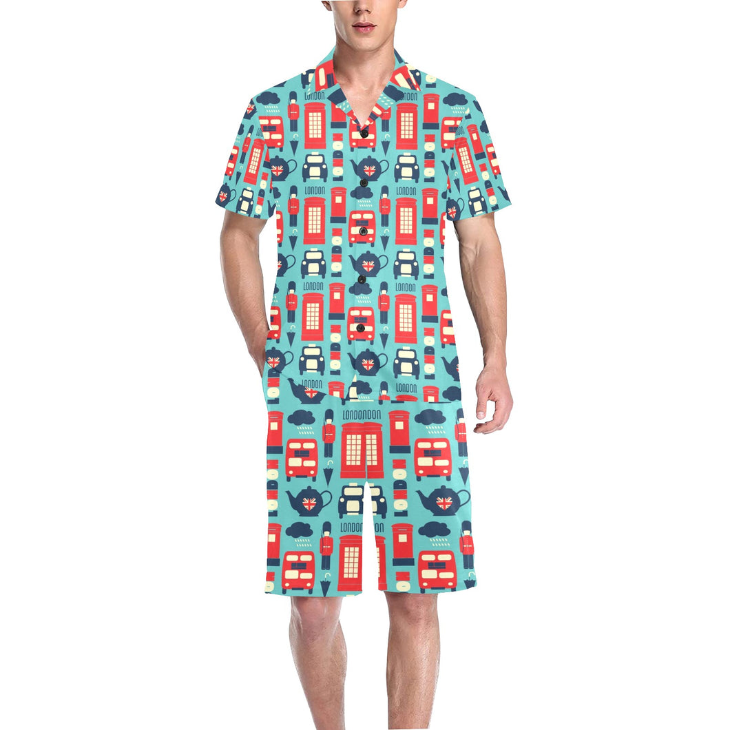 British Pattern Print Design 04 Men's V-Neck Short Pajama Set