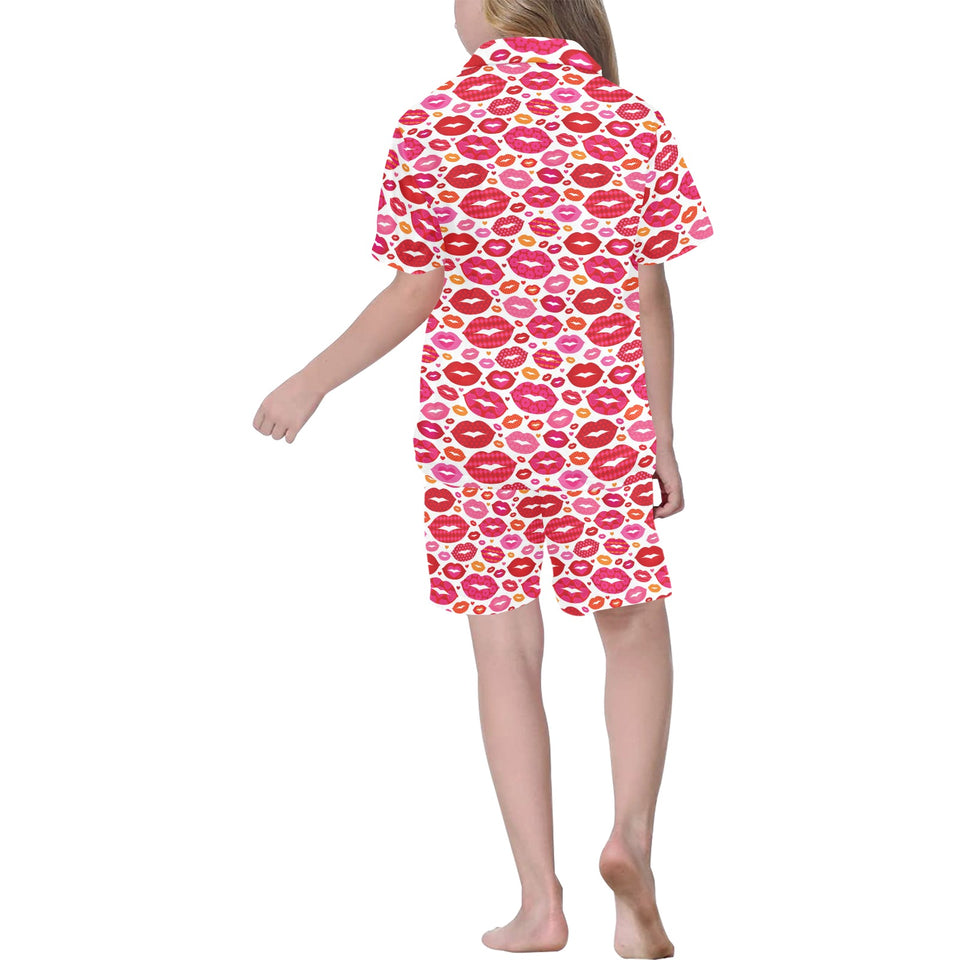 Lips Pattern Print Design 01 Kids' Boys' Girls' V-Neck Short Pajama Set
