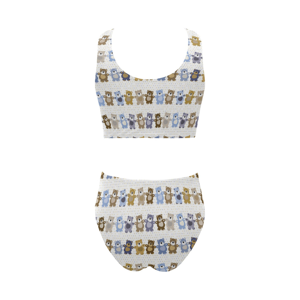 Teddy Bear Pattern Print Design 02 Chest Bowknot High Waisted Bikini Swimsuit