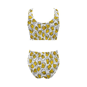 Beer design pattern Chest Bowknot High Waisted Bikini Swimsuit