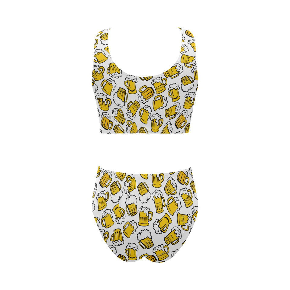 Beer design pattern Chest Bowknot High Waisted Bikini Swimsuit