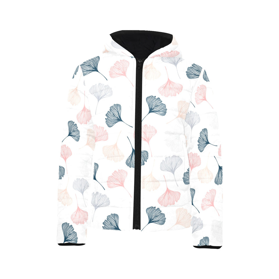 Black Gray Cream coral ginkgo leaves pattern Kids' Boys' Girls' Padded Hooded Jacket