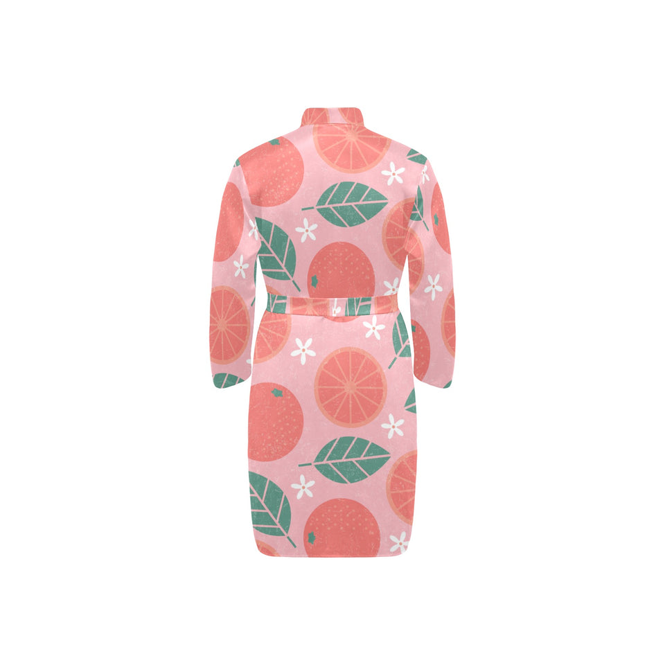 Grapefruit leaves flower pink background Men's Long Sleeve Belted Night Robe