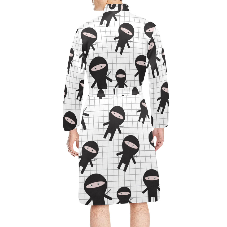 Ninja pattern plaid background Men's Long Sleeve Belted Night Robe
