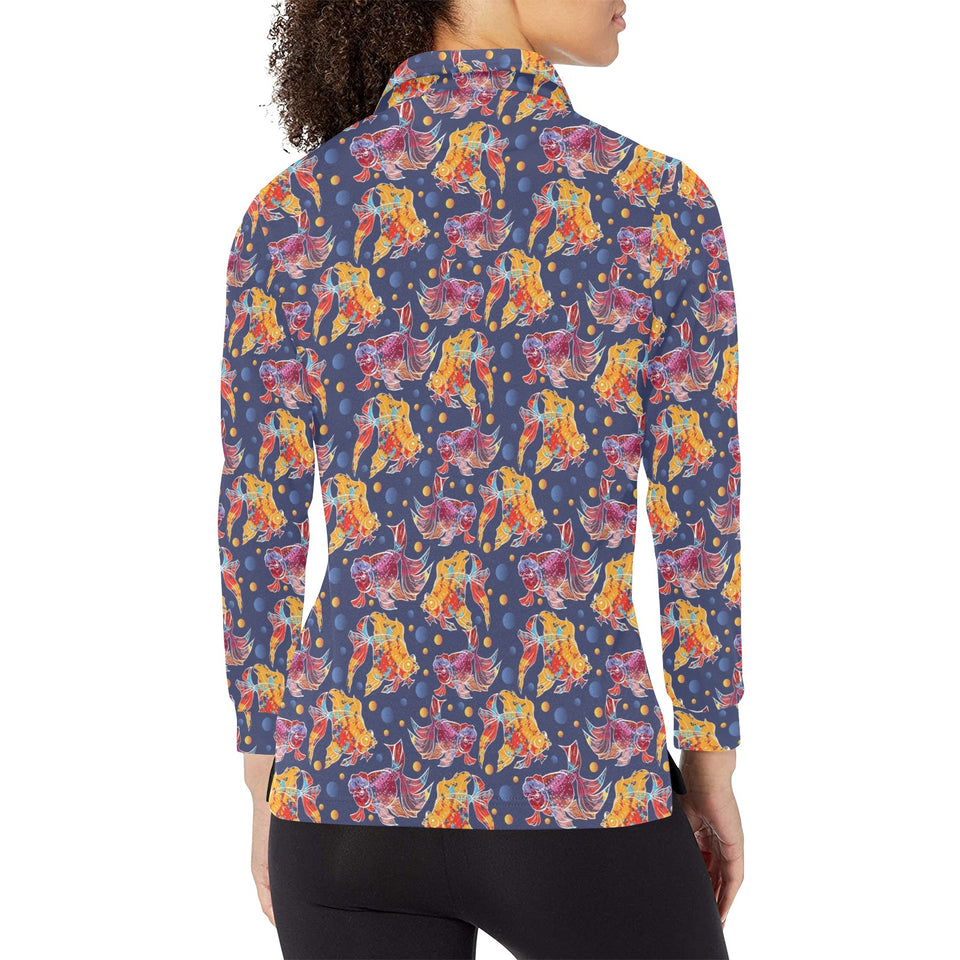 Goldfish Pattern Print Design 05 Women's Long Sleeve Polo Shirt