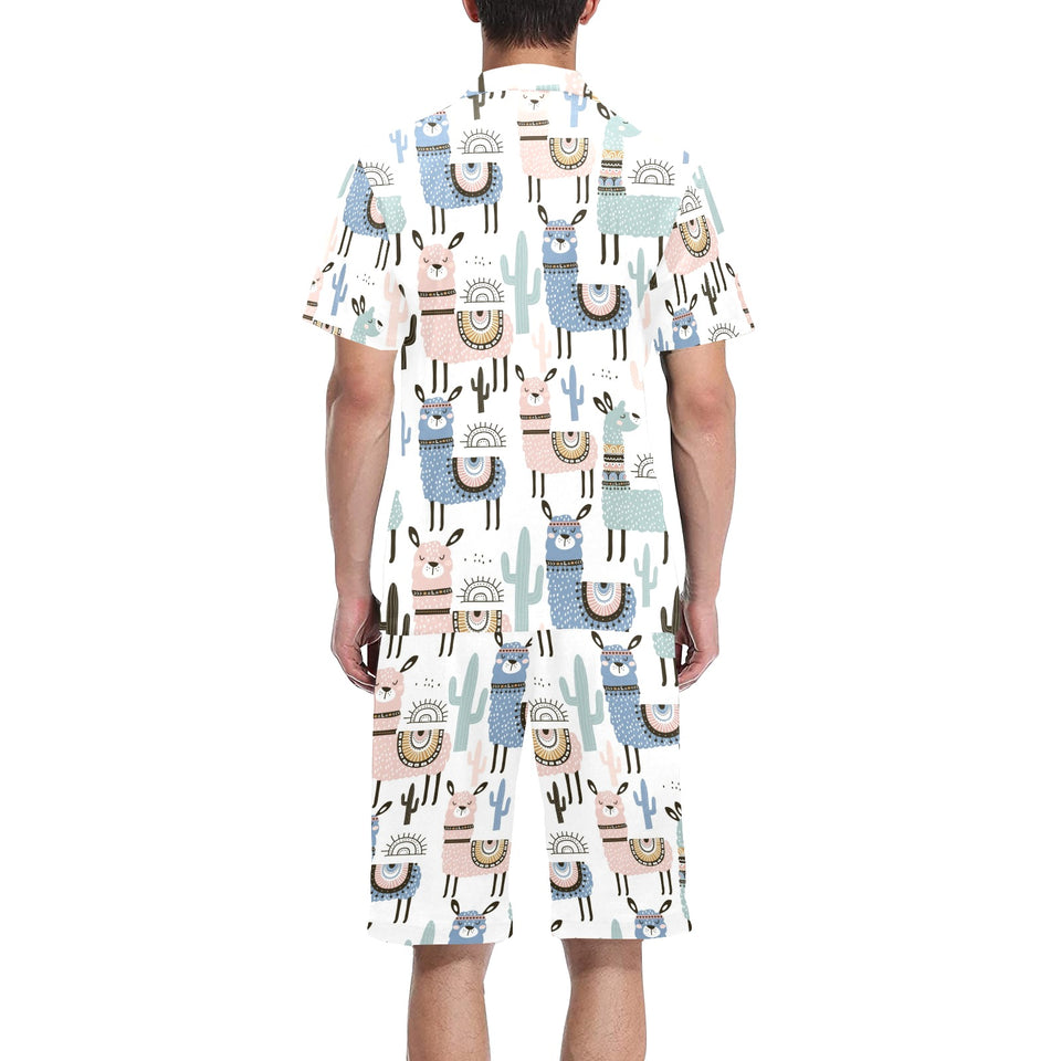 lama Alpaca cactus hand drawn pattern Men's V-Neck Short Pajama Set