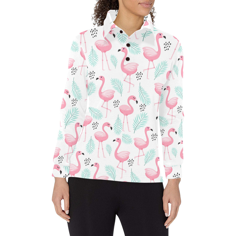 Cute flamingo pattern Women's Long Sleeve Polo Shirt