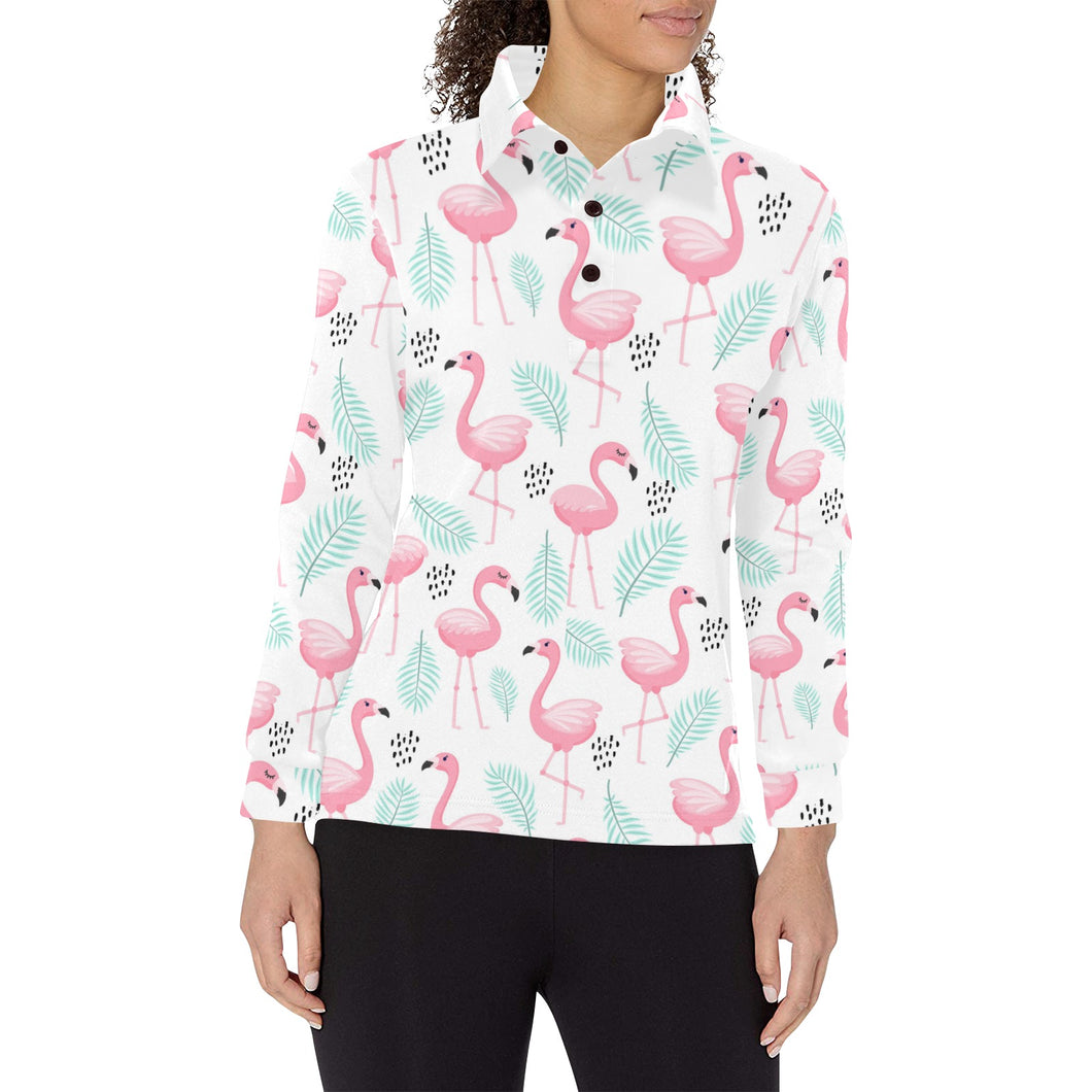 Cute flamingo pattern Women's Long Sleeve Polo Shirt