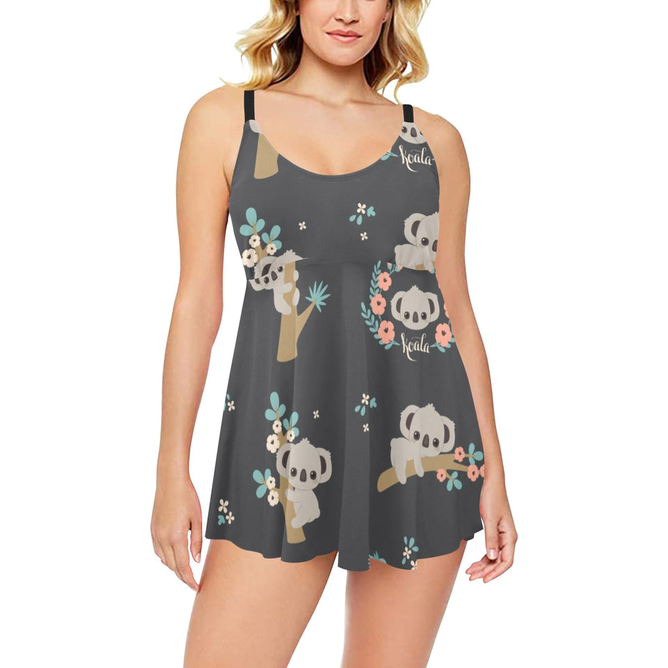 Cute koala pattern Chest Sexy Pleated Two Piece Swim Dress