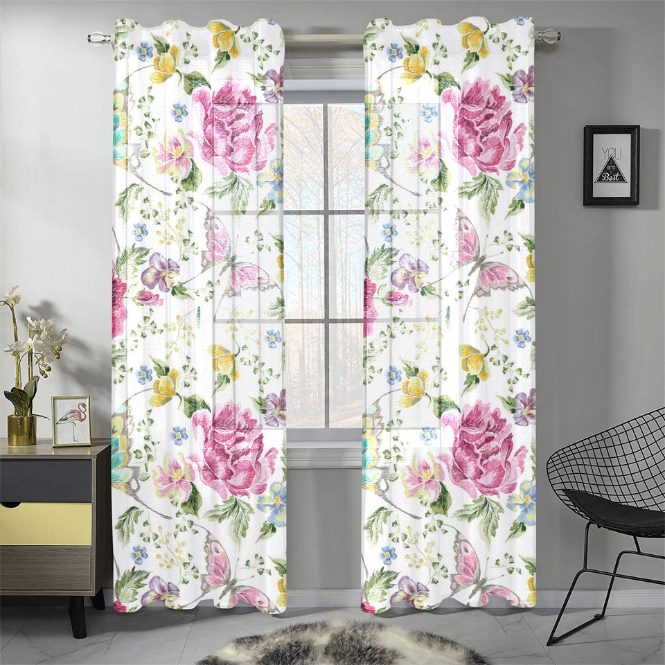 Hand drawn butterfly rose Gauze Curtain