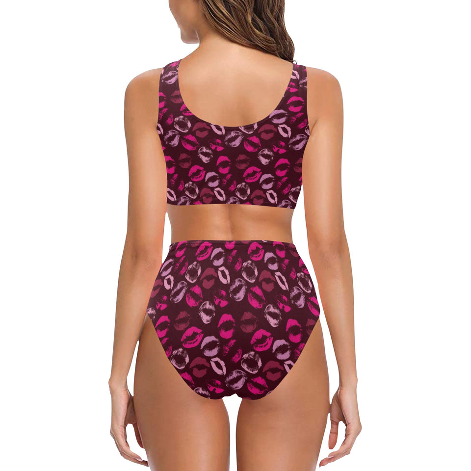 Lips Pattern Print Design 03 Chest Bowknot High Waisted Bikini Swimsuit