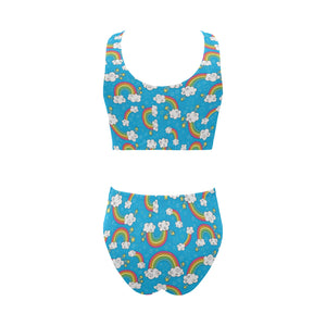 Rainbows Sky Clouds Pattern Chest Bowknot High Waisted Bikini Swimsuit
