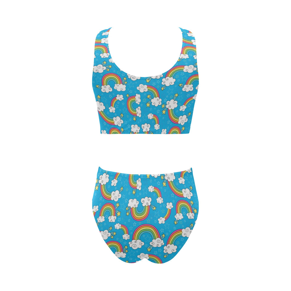 Rainbows Sky Clouds Pattern Chest Bowknot High Waisted Bikini Swimsuit