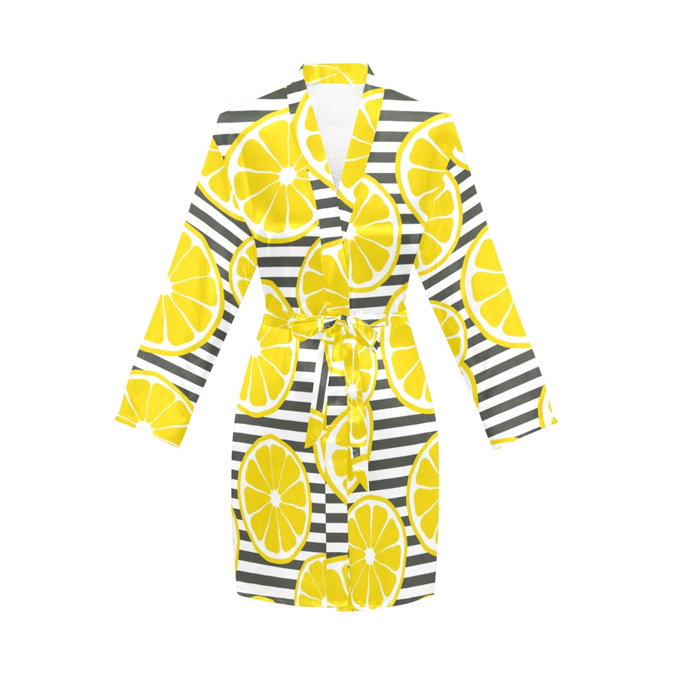 slice of lemon design pattern Women's Long Sleeve Belted Night Robe