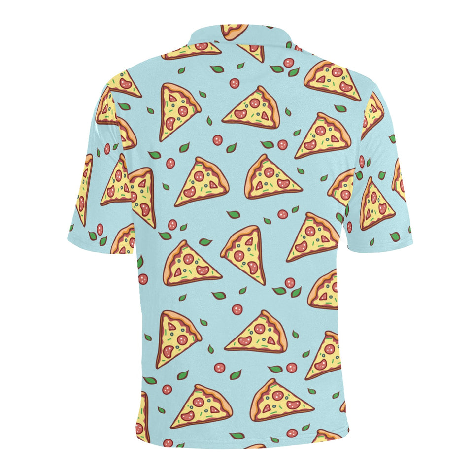 Hand drawn pizza blue background Men's All Over Print Polo Shirt