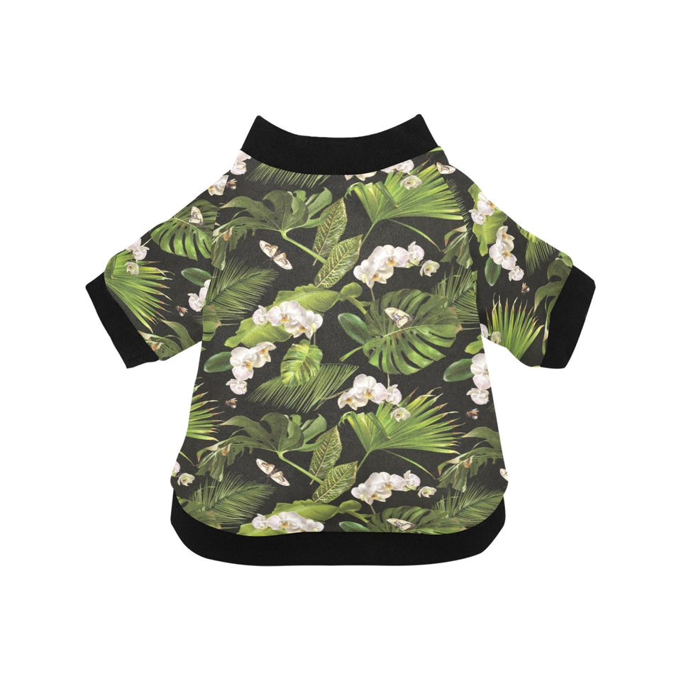 White orchid flower tropical leaves pattern blackg All Over Print Pet Dog Round Neck Fuzzy Shirt