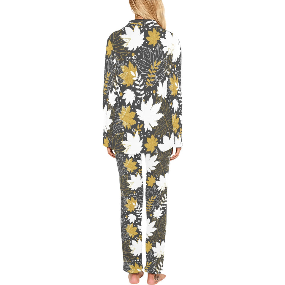 Beautiful gold autumn maple leaf pattern Women's Long Pajama Set