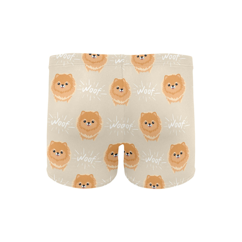 Cute brown pomeranian puppy on blue Men's Swimming Trunks