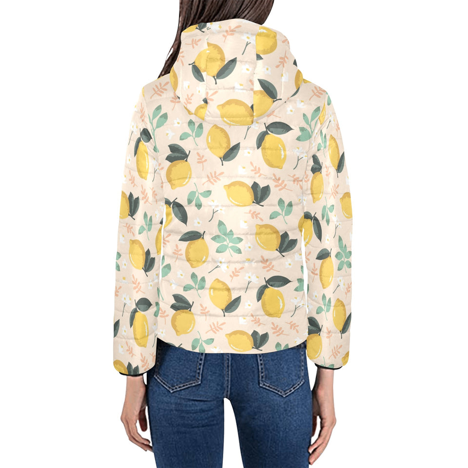 lemon flower leave pattern Women's Padded Hooded Jacket
