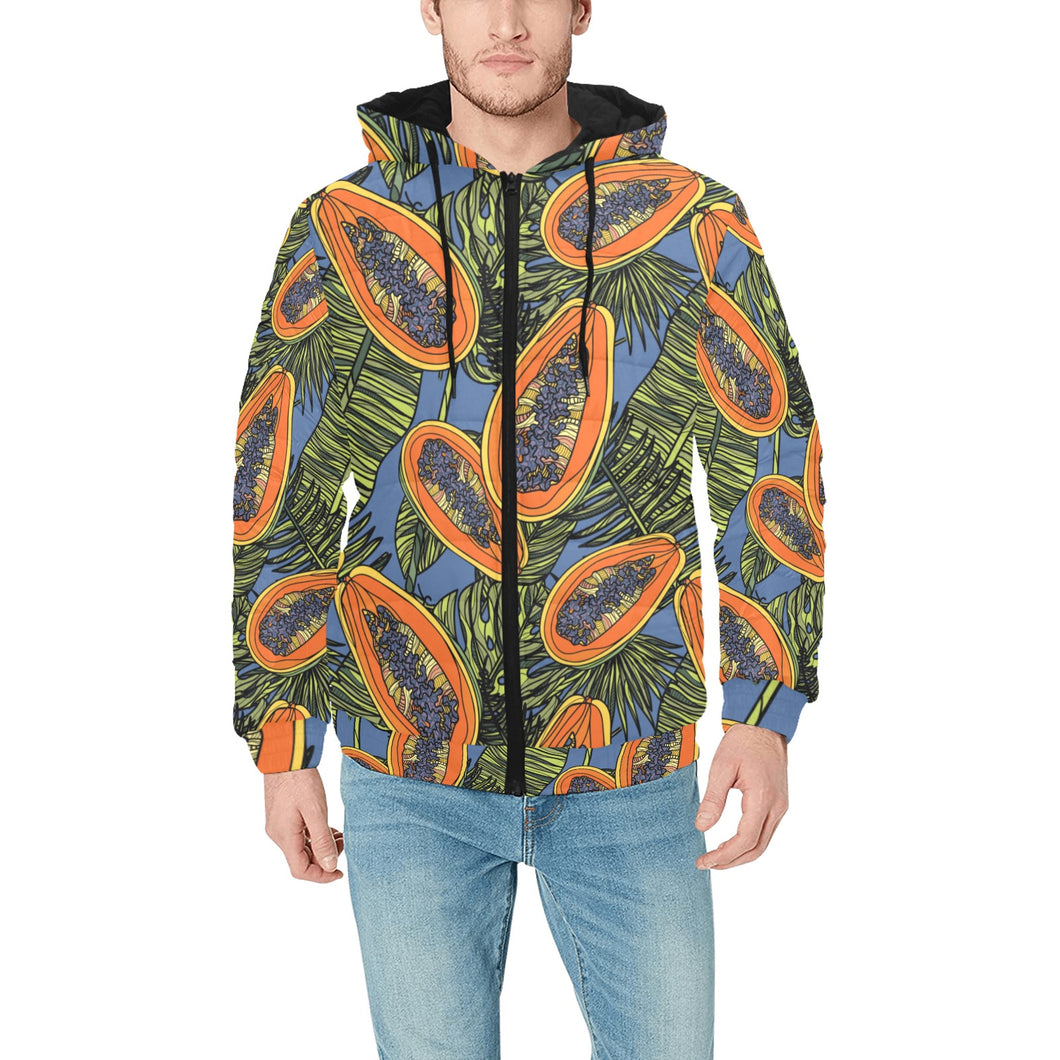 Colorful papaya tropical leaves Men's Padded Hooded Jacket