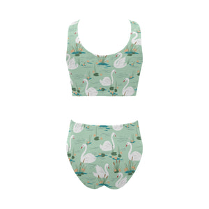 White swan lake pattern Chest Bowknot High Waisted Bikini Swimsuit