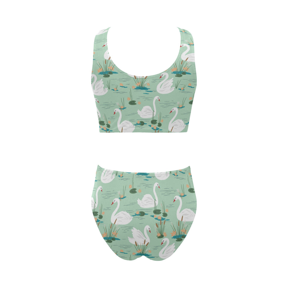 White swan lake pattern Chest Bowknot High Waisted Bikini Swimsuit