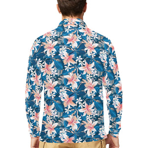 Hibiscus Pattern Print Design 02 Men's Long Sleeve Polo Shirt