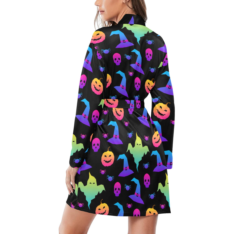 Colorful halloween background Women's Long Sleeve Belted Night Robe