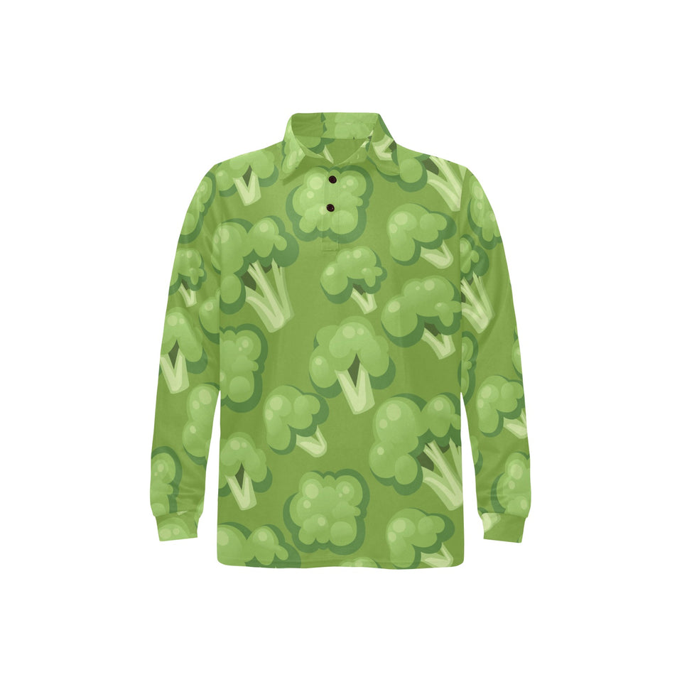 Broccoli pattern green background Men's Long Sleeve Polo Shirt