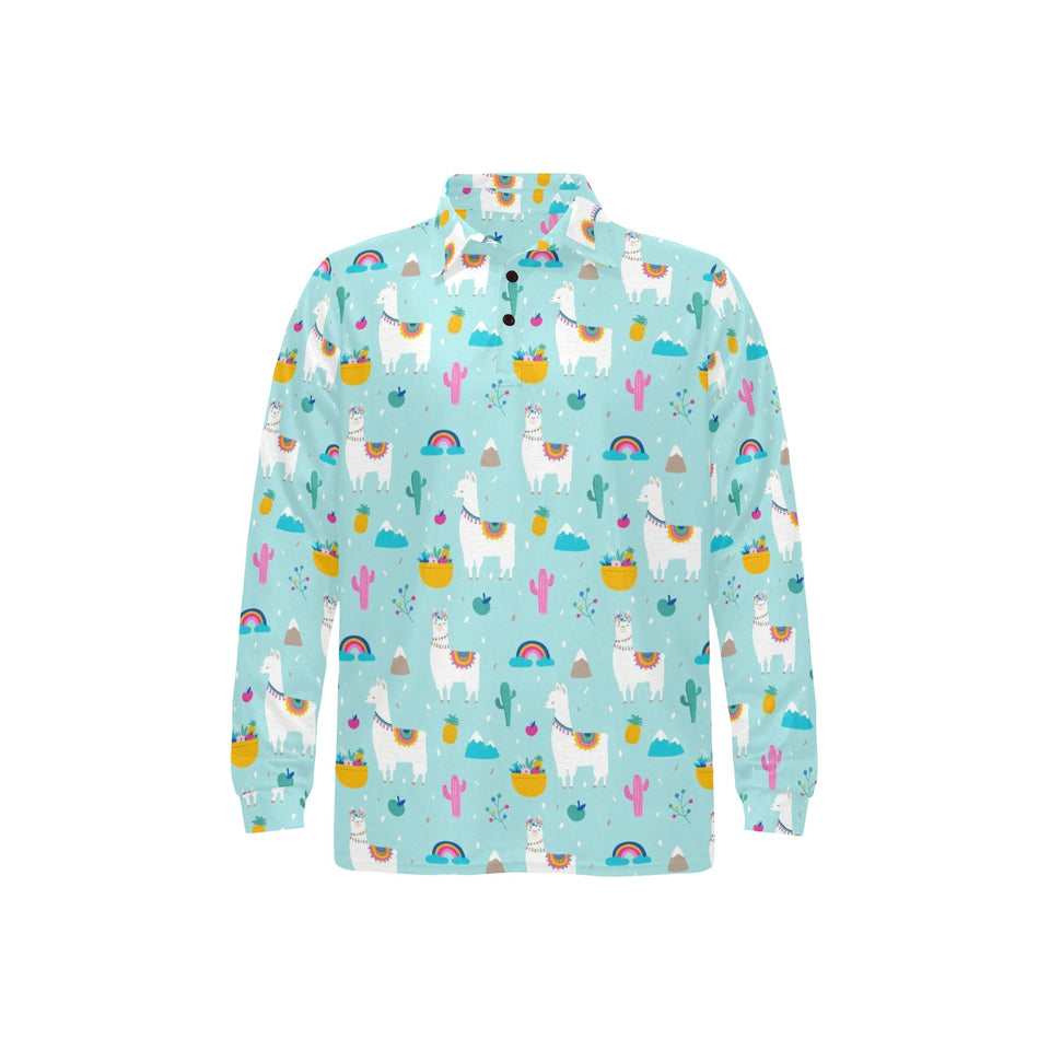Llama alpaca cactus leaves pattern Men's Long Sleeve Polo Shirt