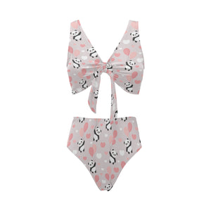 Cute panda ballon heart pattern Chest Bowknot High Waisted Bikini Swimsuit