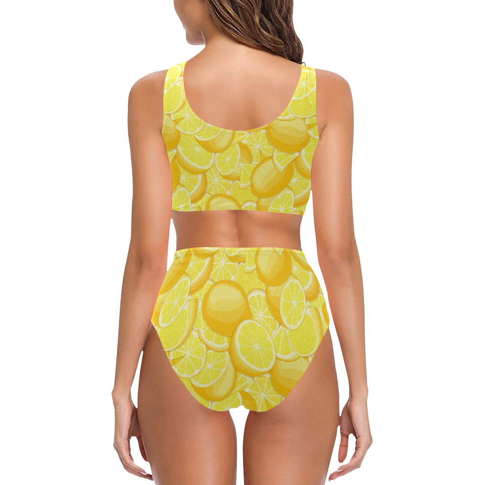lemon pattern Chest Bowknot High Waisted Bikini Swimsuit