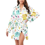 Cute elephants palm tree flower butterfly pattern Women's Long Sleeve Belted Night Robe