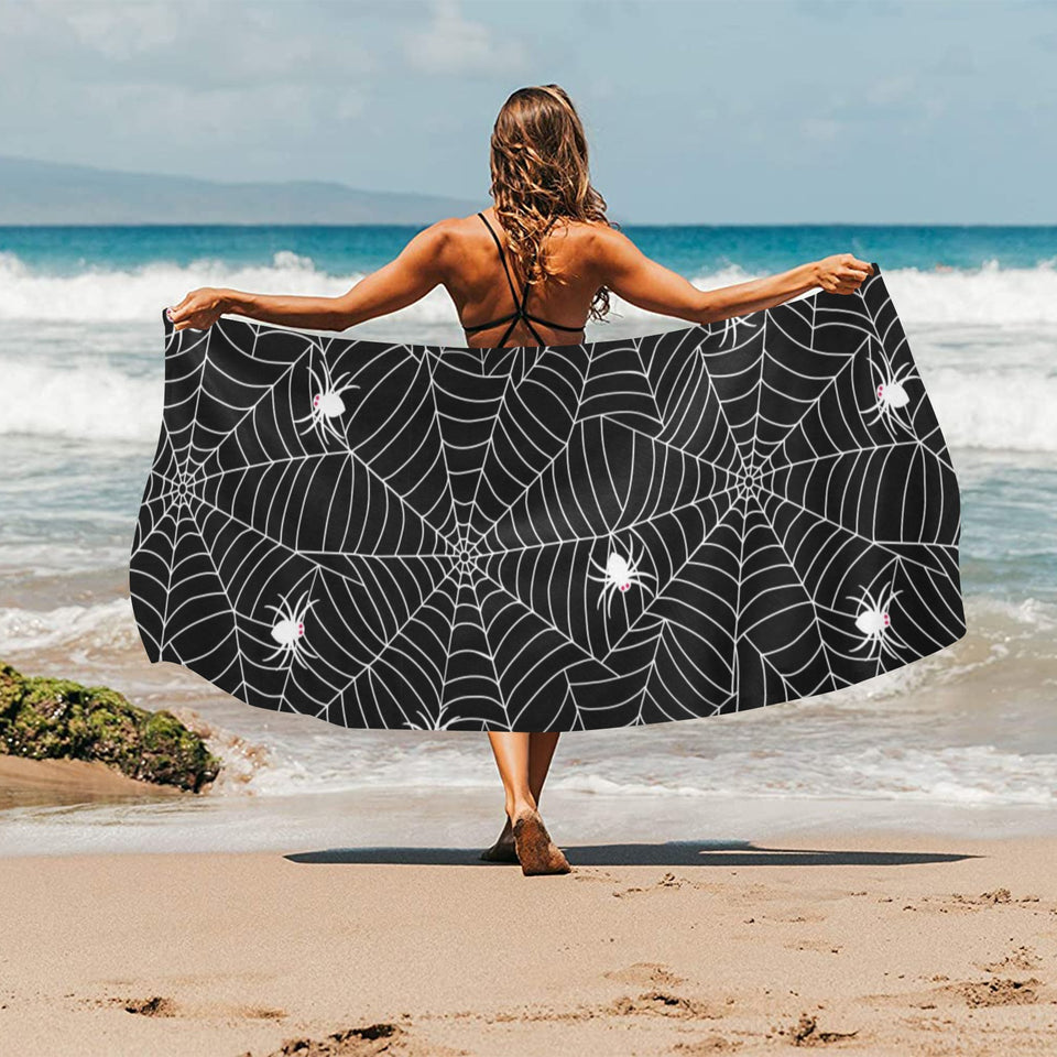 Spider web design pattern Black background white c Beach Towel