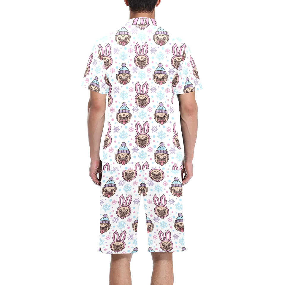 Cute pug hat rabbit costume pattern Men's V-Neck Short Pajama Set