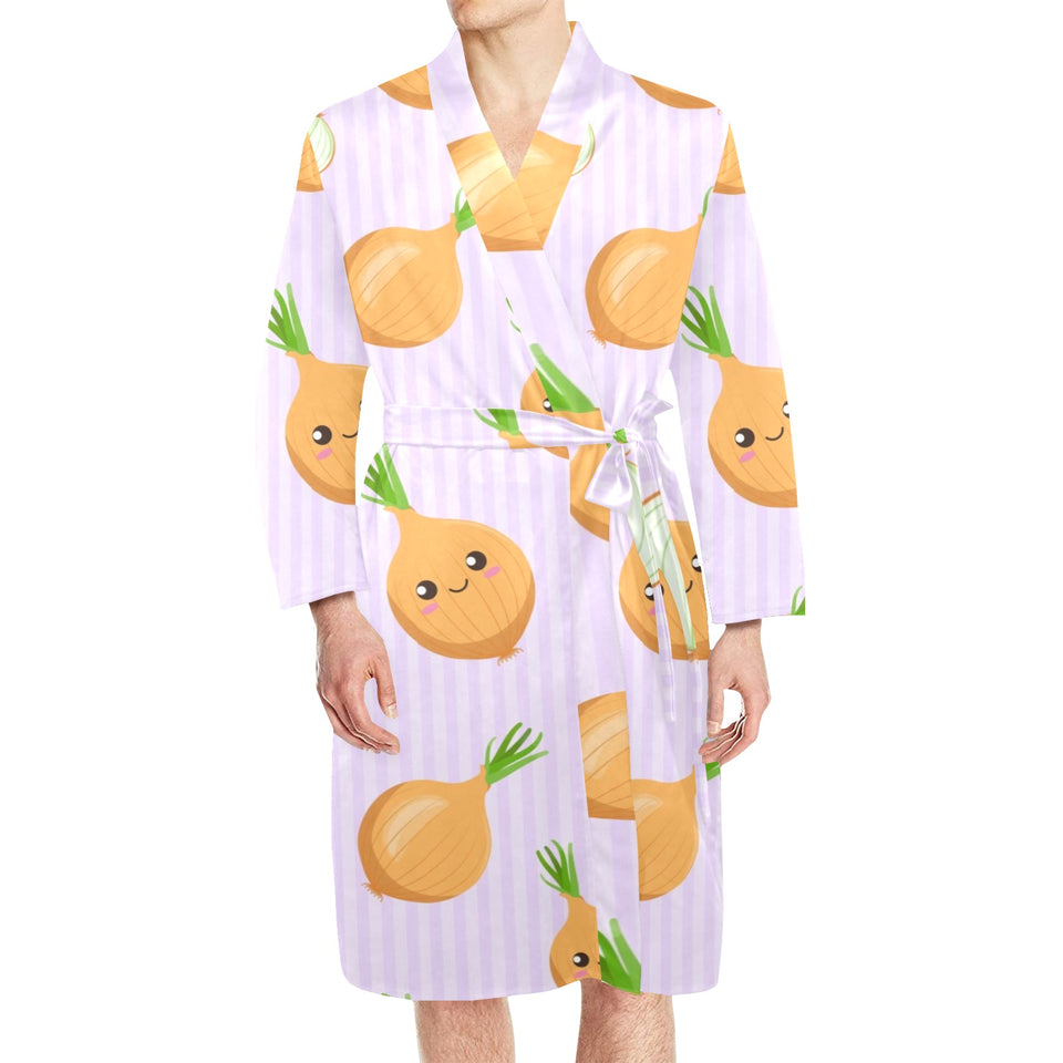 cute onions smiling faces purple background Men's Long Sleeve Belted Night Robe