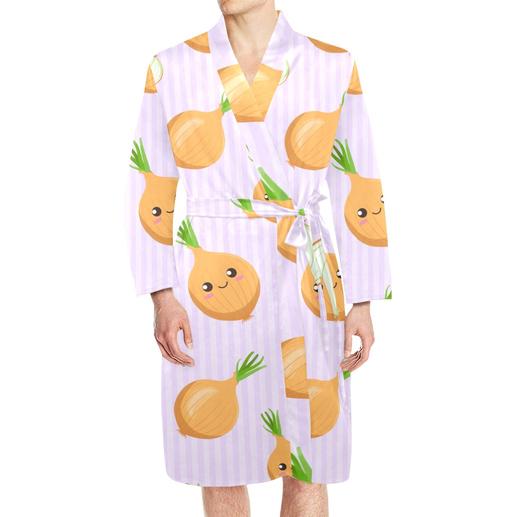 cute onions smiling faces purple background Men's Long Sleeve Belted Night Robe