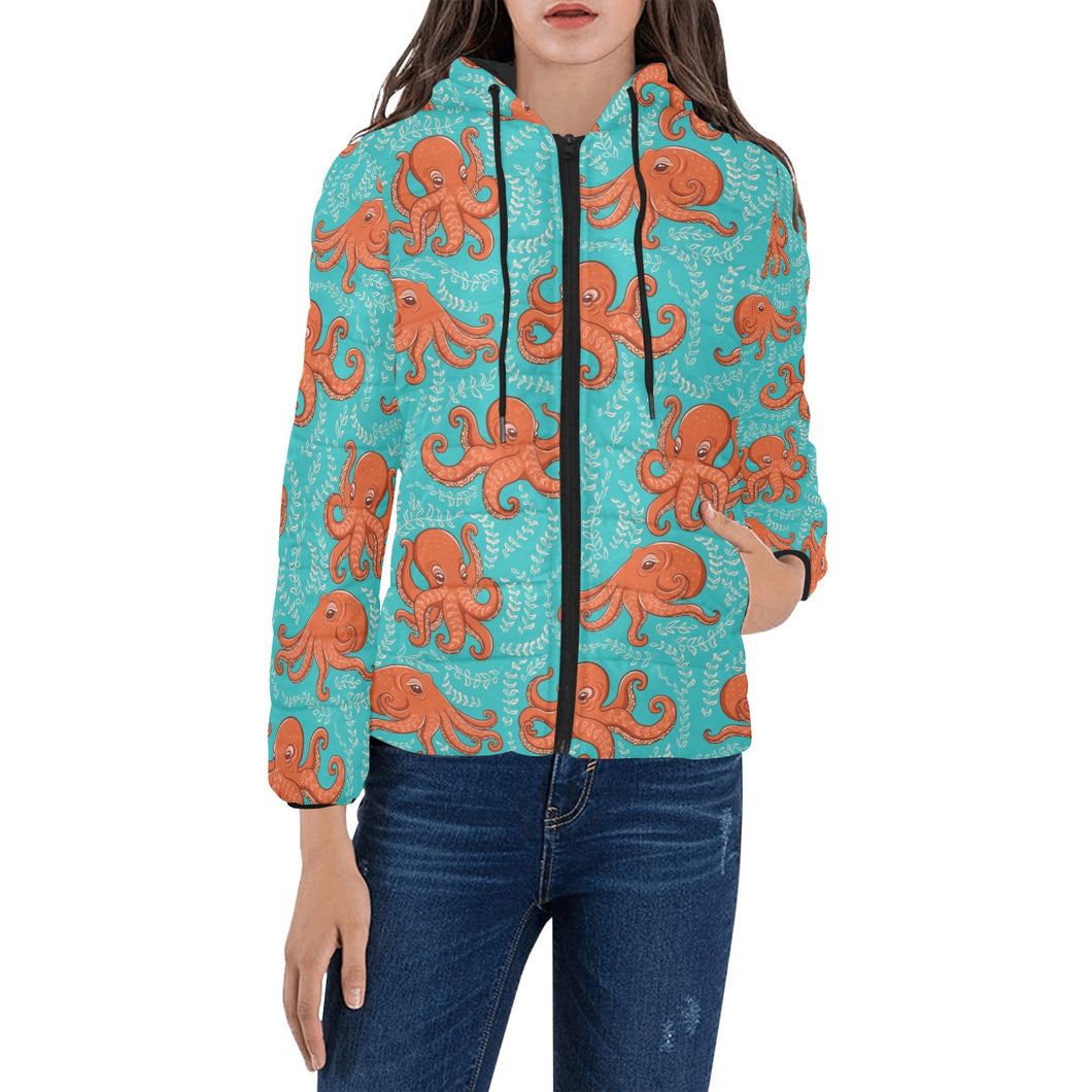 Octopus turquoise background Women's Padded Hooded Jacket