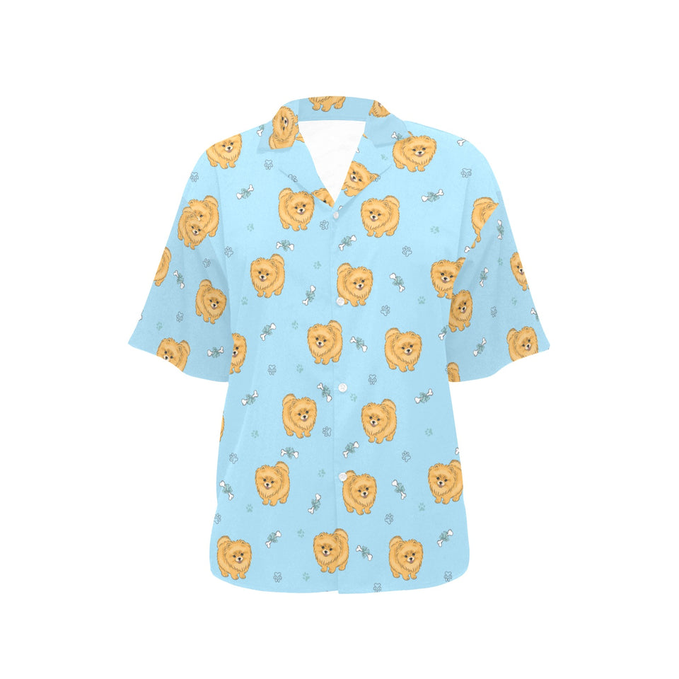 Brown cute pomeranian blue blackground Women's All Over Print Hawaiian Shirt