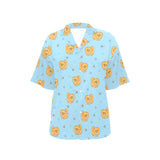 Brown cute pomeranian blue blackground Women's All Over Print Hawaiian Shirt