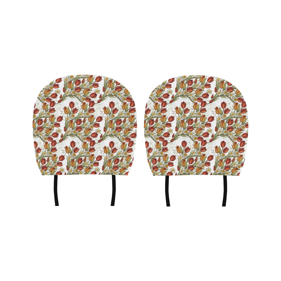 Red tulips and daffodils pattern Car Headrest Cover