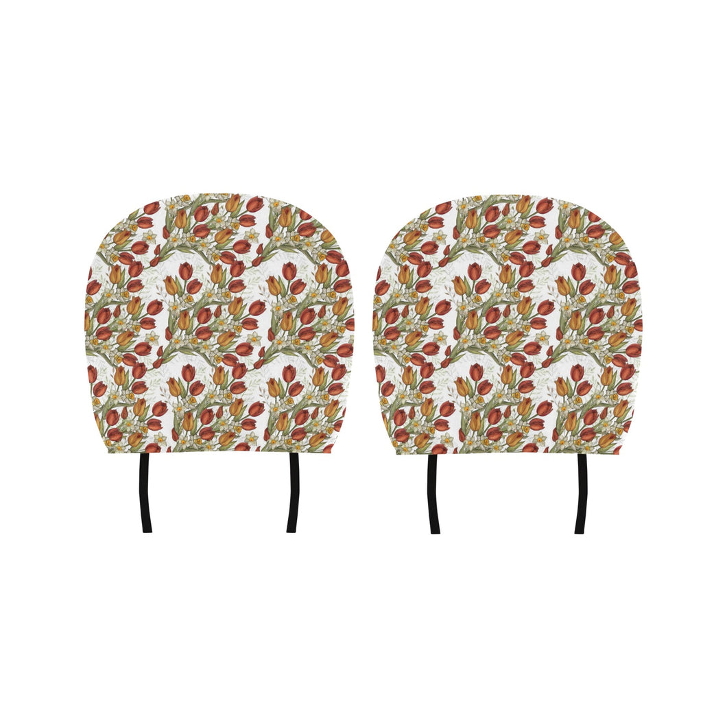Red tulips and daffodils pattern Car Headrest Cover