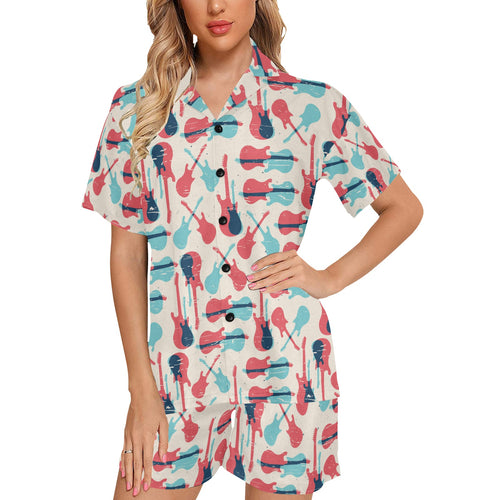 Red Blue guitar pattern Women's V-Neck Short Pajama Set